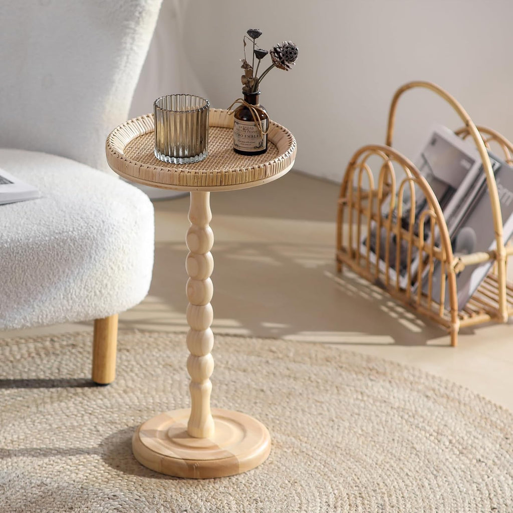 Rattan Small Side Table, Round Drink Table for Small Spaces, Boho Accent End Table with Solid Wood Leg for Living Room, Nightstand Table for Bedroom, Corners