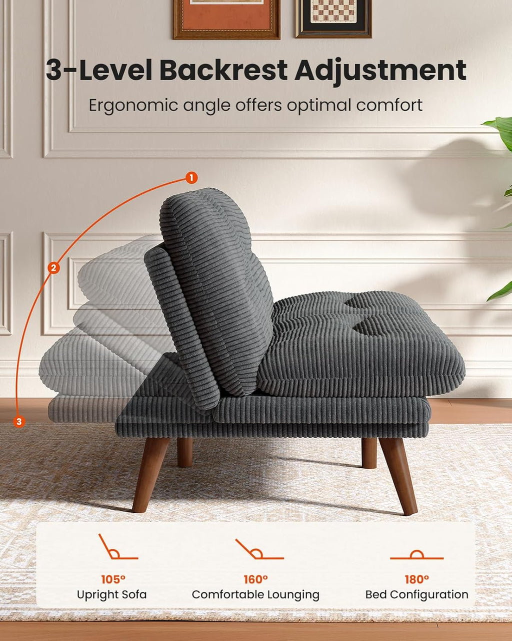 AMADA HOMEFURNISHING ,75″ Convertible Futon Sofa Bed,Loveseat with Adjustable Backrest & Armrests,Folding Futon Sleeper Recliner for Apartment, Living Room or Office, Corduroy Fabric,Grey