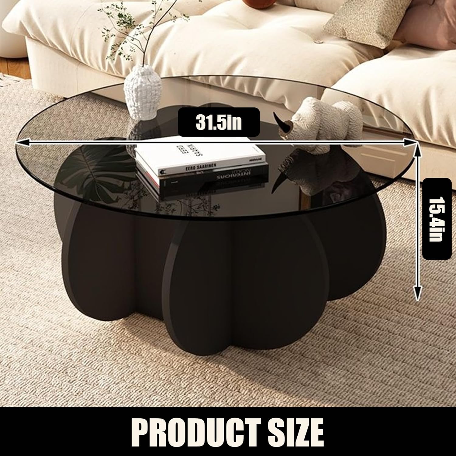 Black Coffee Table, 31.5" Round Glass Coffee Table for Living Room Mid Century Modern Coffee Table Unique Circle Center Table with Wood Base