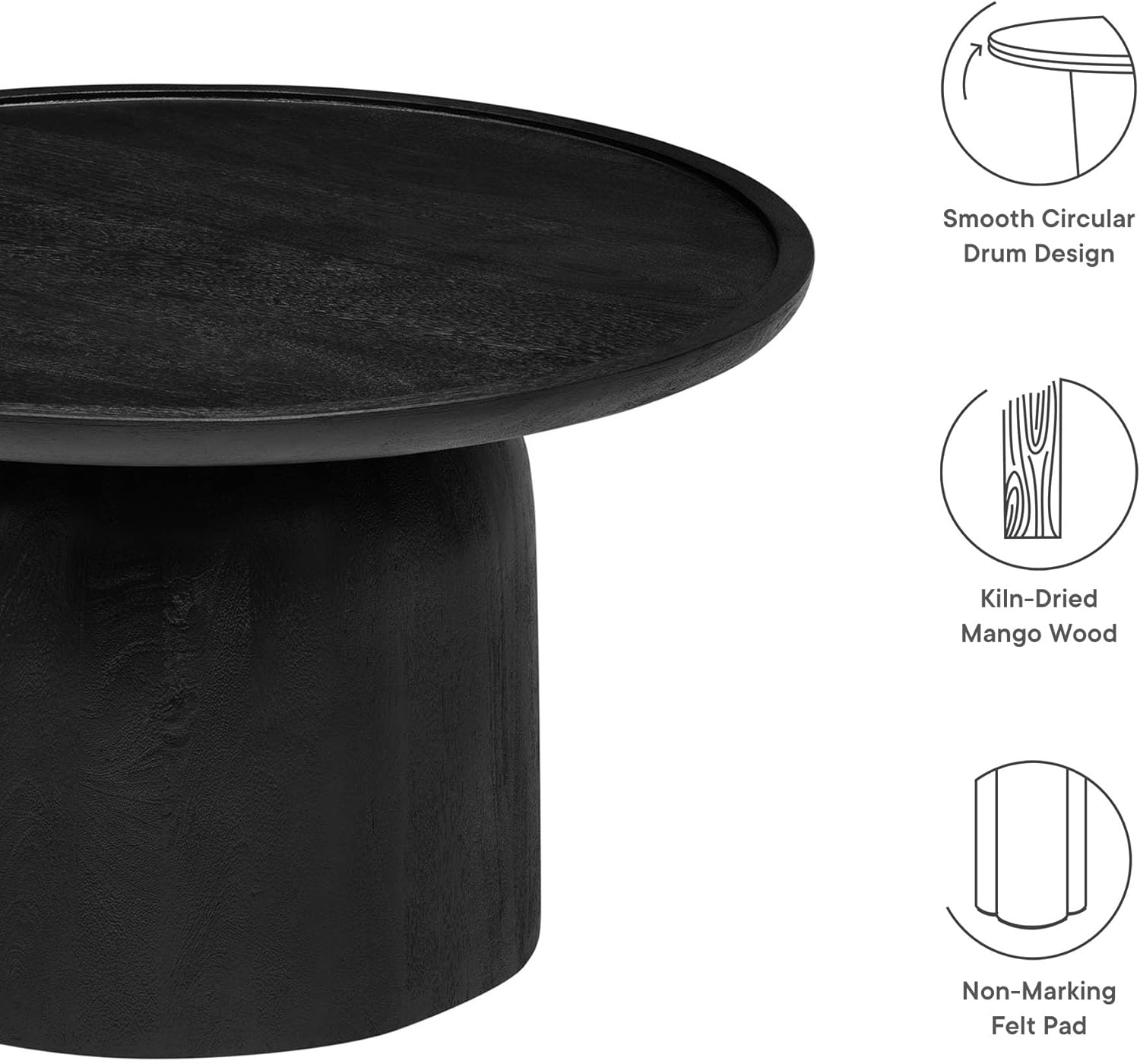 Modway Holloway 30 Inch Round Mango Wood Coffee Table in Black – Contemporary Circle Drum for Living Room – Mid-Century Modern Table with Solid Tabletop