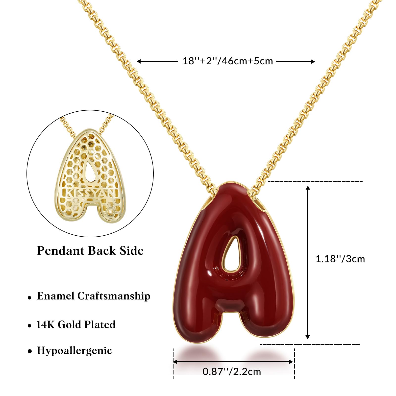 KissYan Bubble Letter Necklace, 14K Gold Plated Enamel Initial Pendant Box Chain Necklace Dainty Alphabet Jewelry for Women(Red M) - Grand Goldman