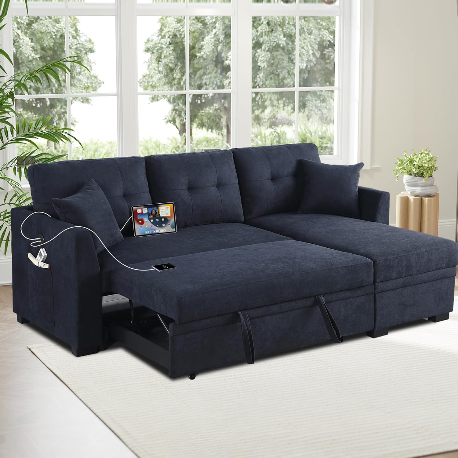 L Shape Sofa with Storage, Pull Out Couch Bed with USB&Type-C Ports, Convertible Sleeper Sofa, Futon Chaise Lounge Recliner for Living Room, Apartment, Bedroom, Office, Ink Blue