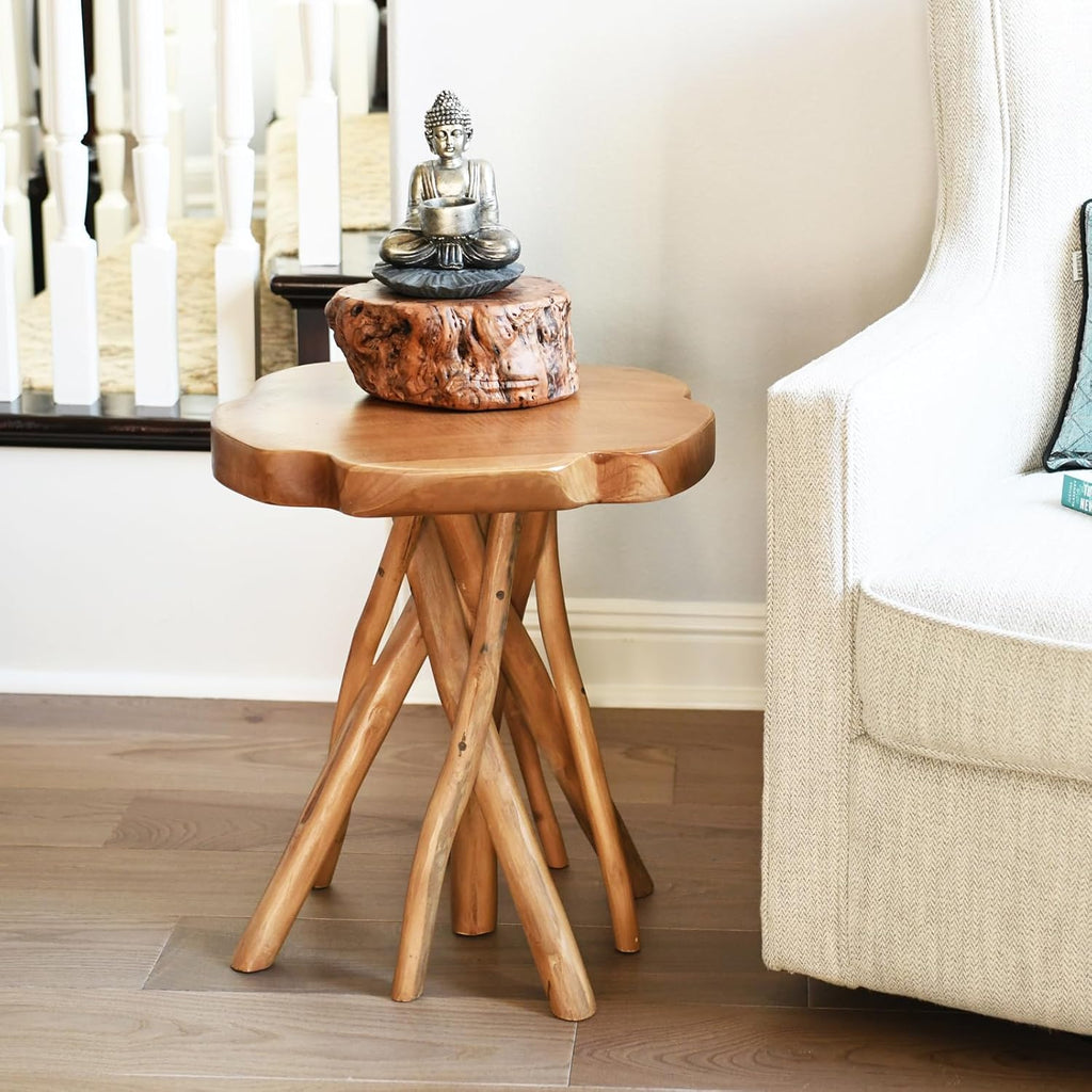 WELLAND Solid Teak Live Edge End Table,18" L x 18" W x 20" H Uniquie Side Table, Small Accent Table, Plant Stand for Living Room, Bedroom, Home Office