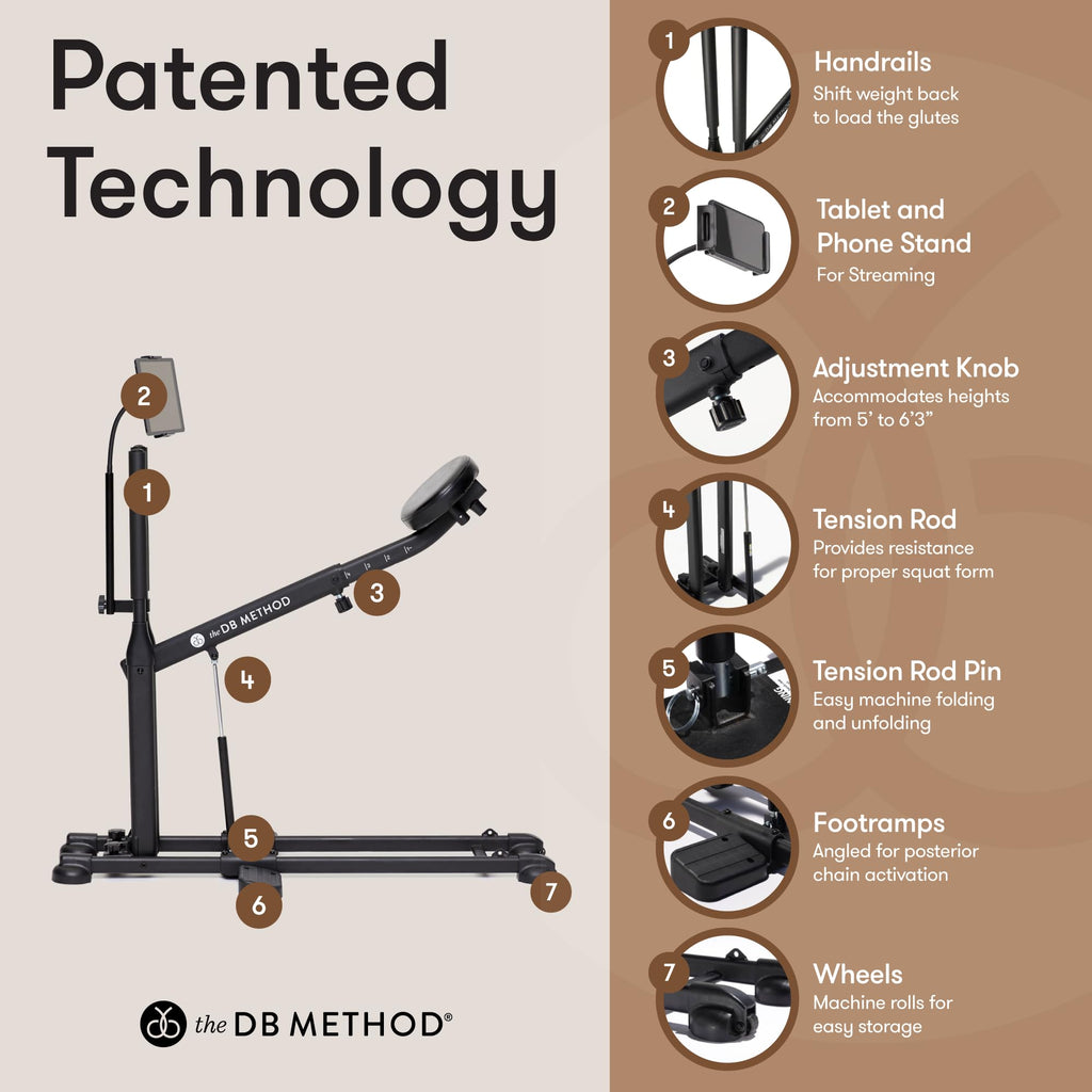 The DB Method Squat Machine with Phone Mount, Workout Equipment for Home Gym, Exercise Leg and Glutes, Low Impact Lower Body Fitness Workouts, Training for Total-Body, Easy Setup, Foldable for Storage