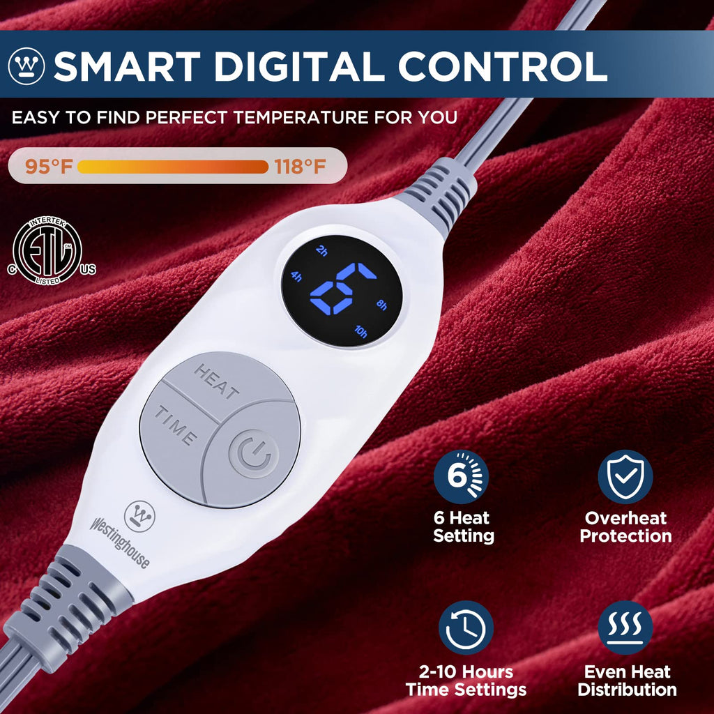 Manta eléctrica Westinghouse tamaño Queen, franela súper suave y acogedora 84" x 90" manta calefactable con 10 niveles de calentamiento rápido y apagado automático de 1-12 horas, lavable a máquina, certificación ETL y FCC, beige