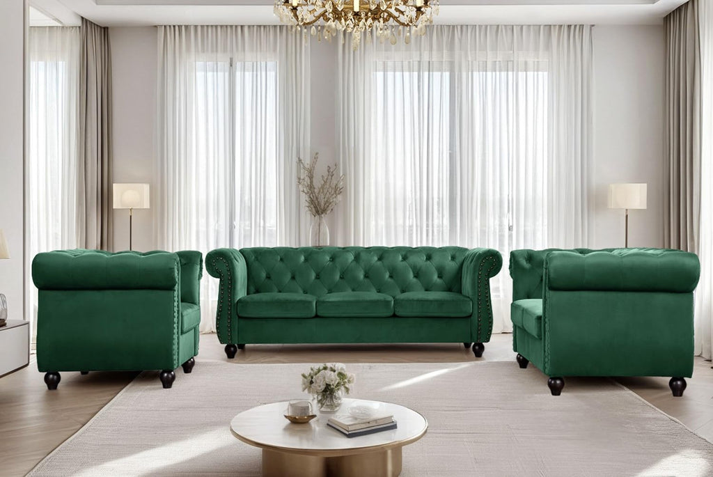 Container Furniture Velvet Chesterfield Couch, Button-Tufted Backrest, Rolled Arms, High-Density Foam with Spring Support, Elegant Accent Piece, Sofa, Dark Blue