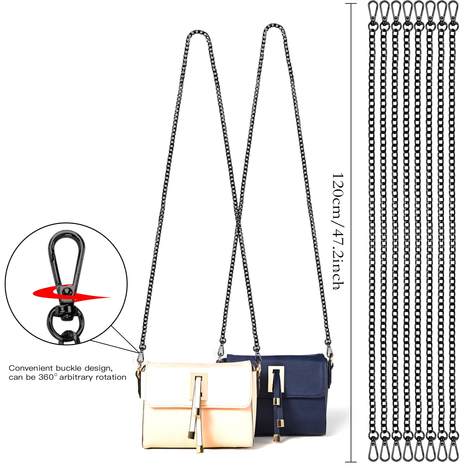 Purse Chain Replacement, 8 Pack Wallet DIY Metal Shoulder Cross Body Bag Chains (47 Inch/pcs) (Black)