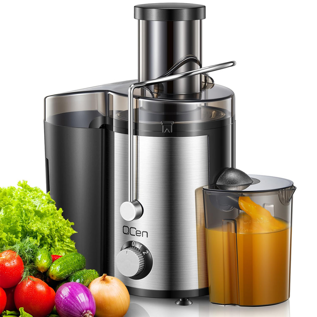 QCen Juicer Machine, 500W Centrifugal Juicer Extractor with Wide Mouth 3” Feed Chute for Fruit Vegetable, Easy to Clean, Stainless Steel, BPA-free (Aqua)