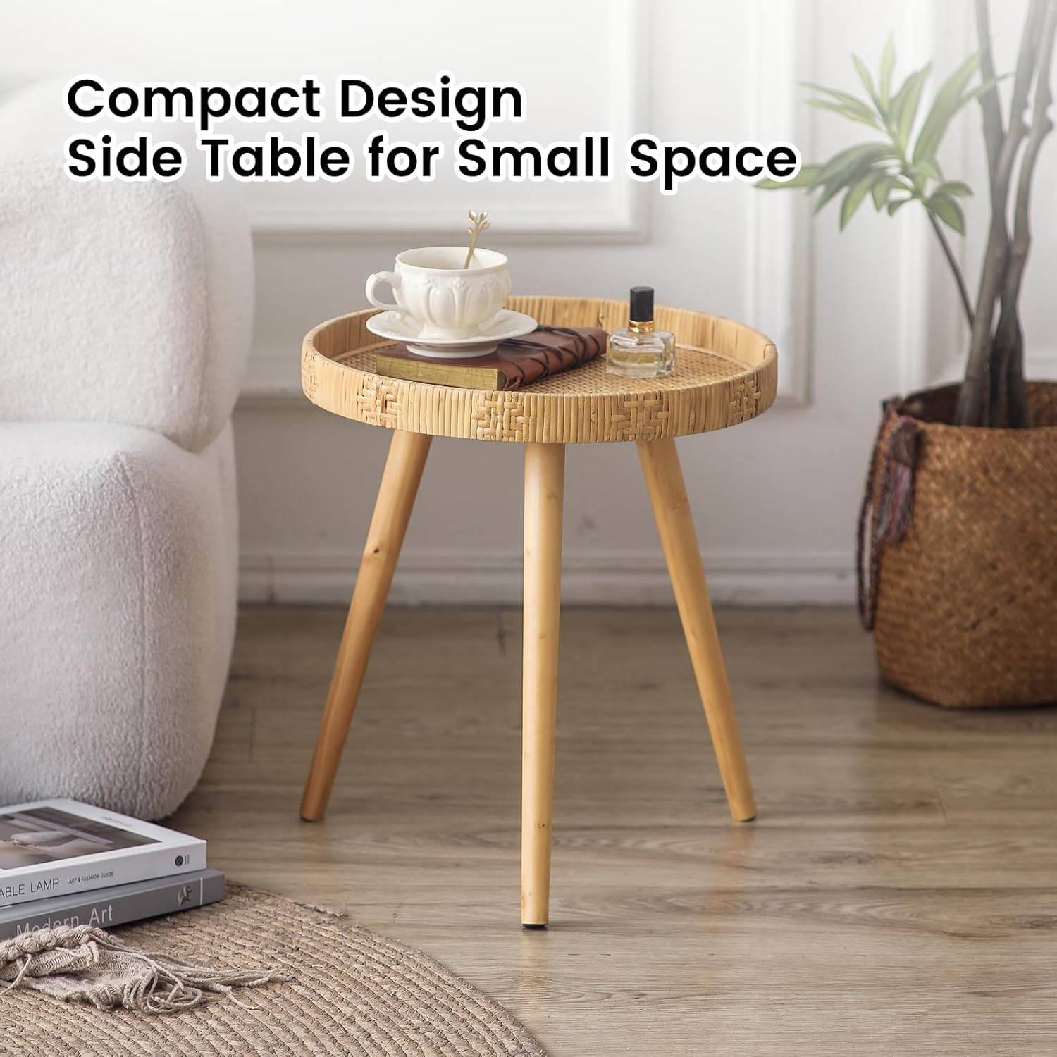 Round Rattan Side Table for Small Spaces, Boho Circle End Table Coffee Table with Solid Wood Leg for Living Room, Bedroom, Corners