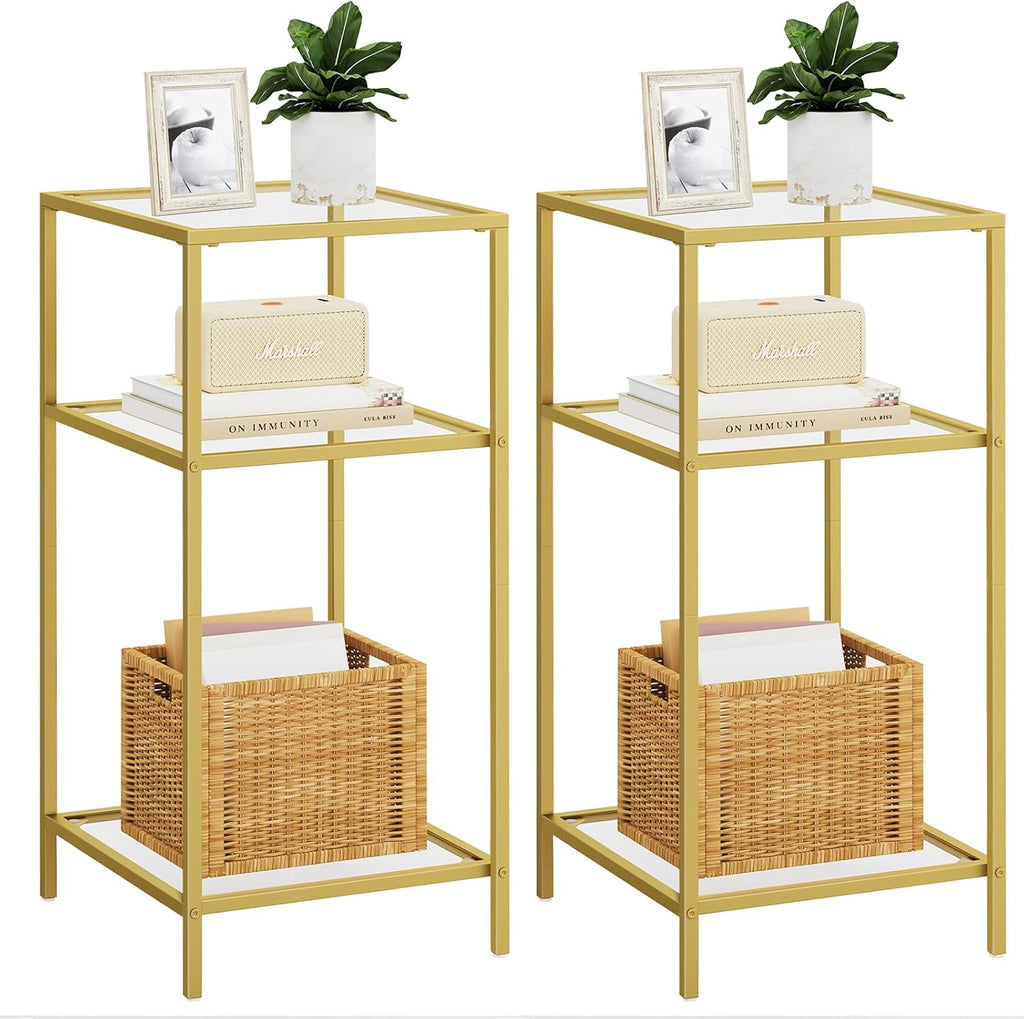 Homhedy 3-Tier Side Tables Set of 2, End Tables with Tempered Glass, Nightstands with Storage Shelves, Slim Sofa Tables for Living Room, Bedroom (2, Golden)