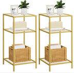 Homhedy 3-Tier Side Tables Set of 2, End Tables with Tempered Glass, Nightstands with Storage Shelves, Slim Sofa Tables for Living Room, Bedroom (2, Golden)