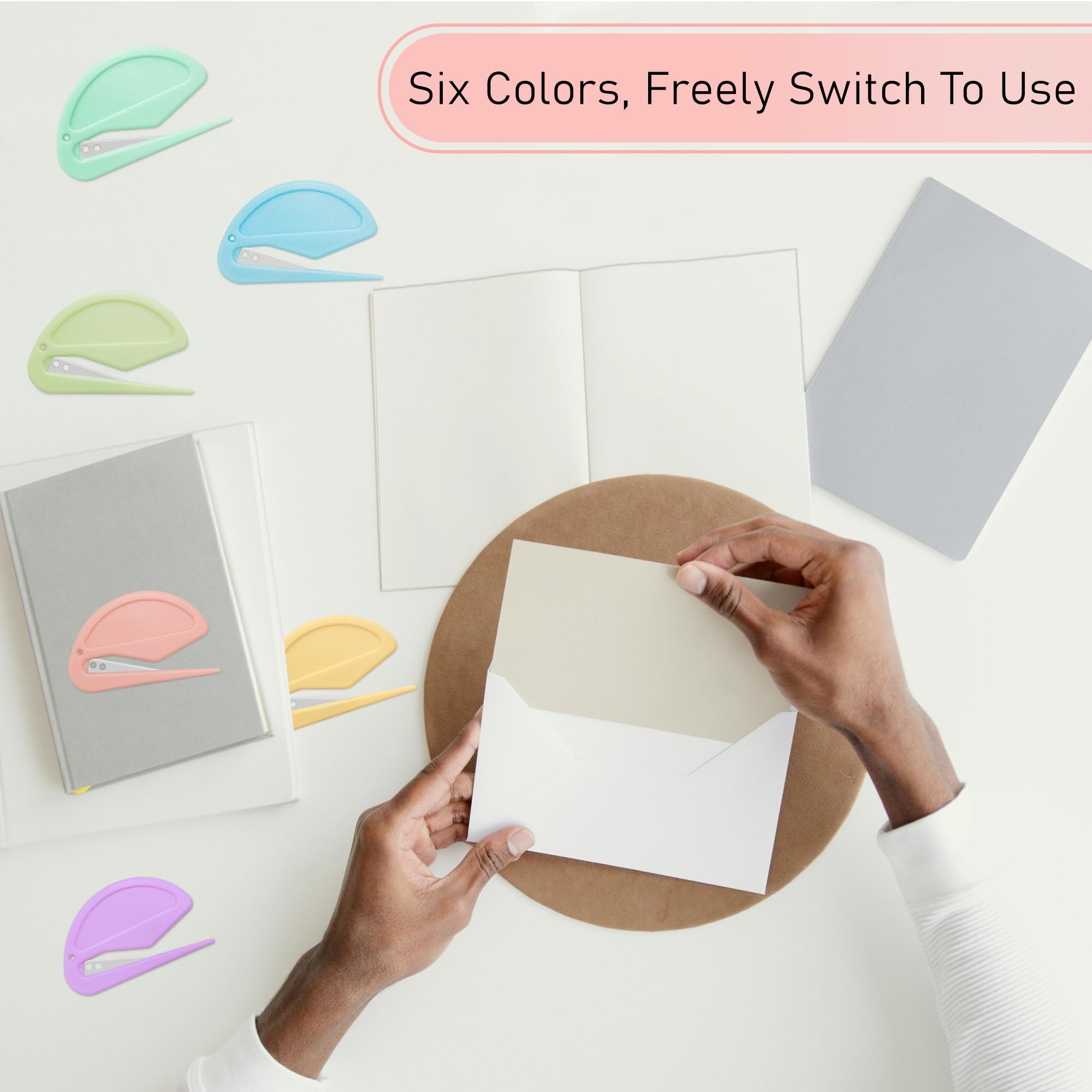 6-pak Macarons kuvertåbner - brevåbner kuvertskærer med sikker skjult skarp klinge til kvinder, mænd, kontorarbejdere, kandidatstuderende. Brevåbner til hjemmet, kontoret, postvæsenet