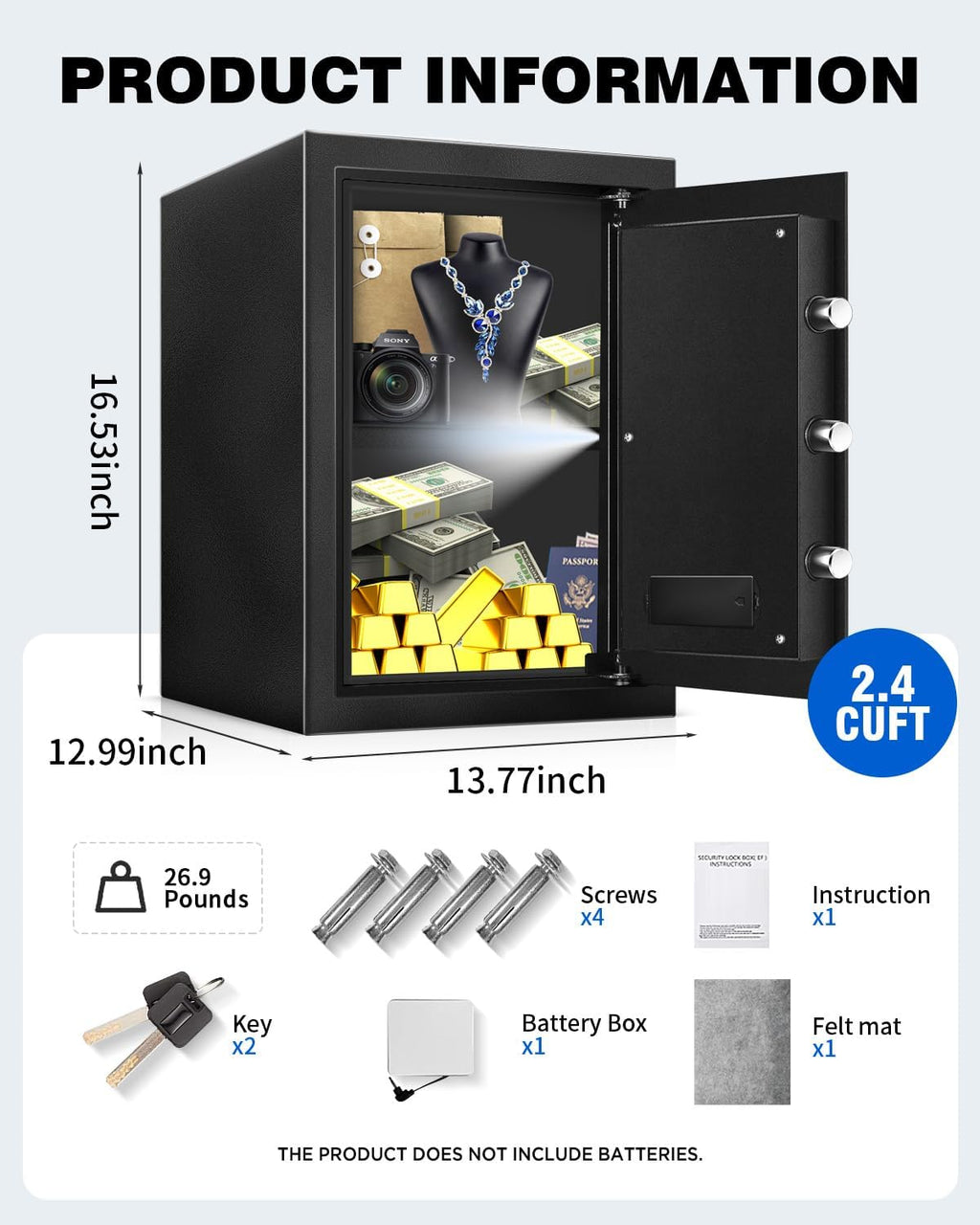 Cofre à prova de fogo e à prova d'água para uso doméstico 2.4 Cub, Cofre à prova de fogo com teclado digital, luz sensor e chave para hotel, escritório, dinheiro e documentos