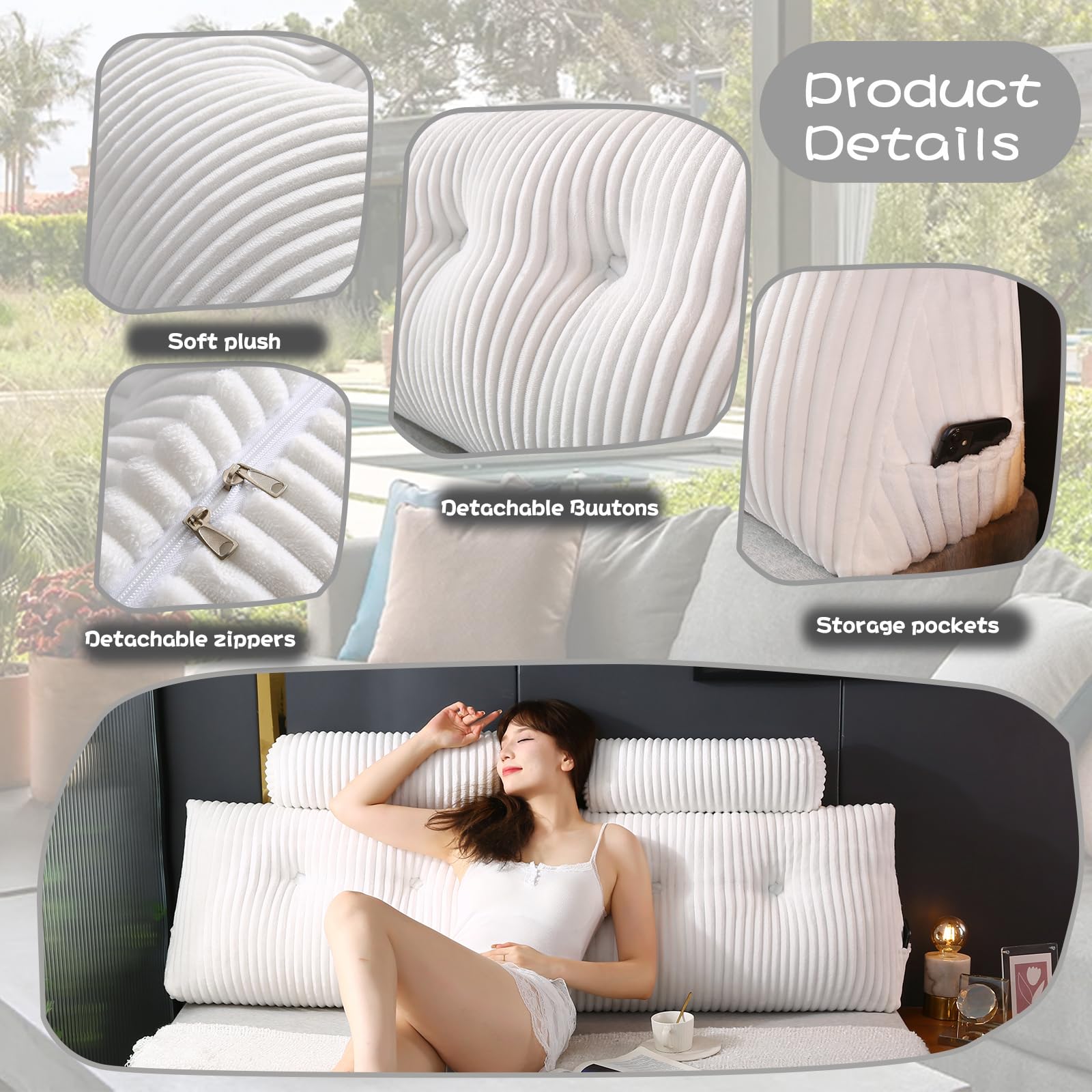 Poduszka klinowa do zagłówka z 2 poduszkami wałkami na szyję Duża poduszka klinowa do zagłówka Poduszka do czytania Miękka i wspierająca z zdejmowanym pokrowcem