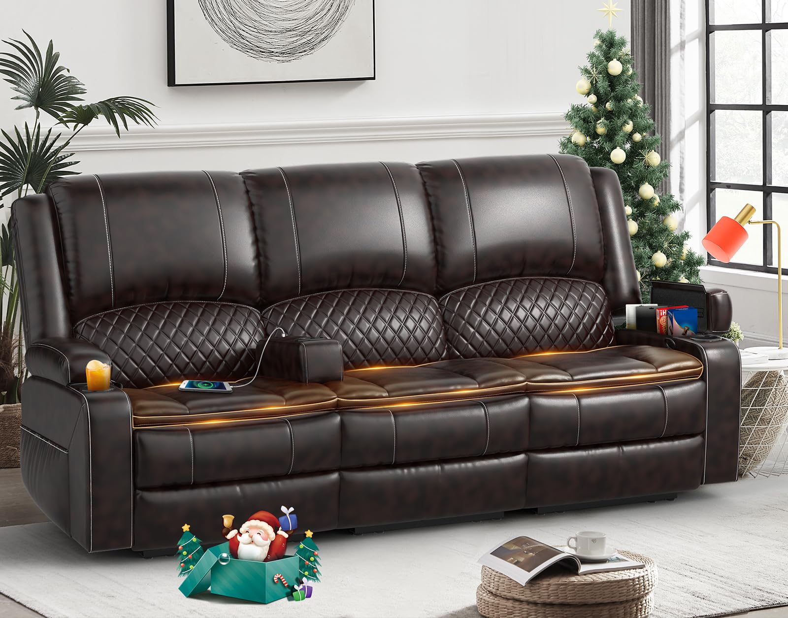 3 Seater Recliner Sofa Set with 2-Tier Cushion, 3+1 Pieces in Living Room, 3 Seater Reclining Couch Leather with Removable Console, 1 Oversize Recliner Chair Sofa Seat