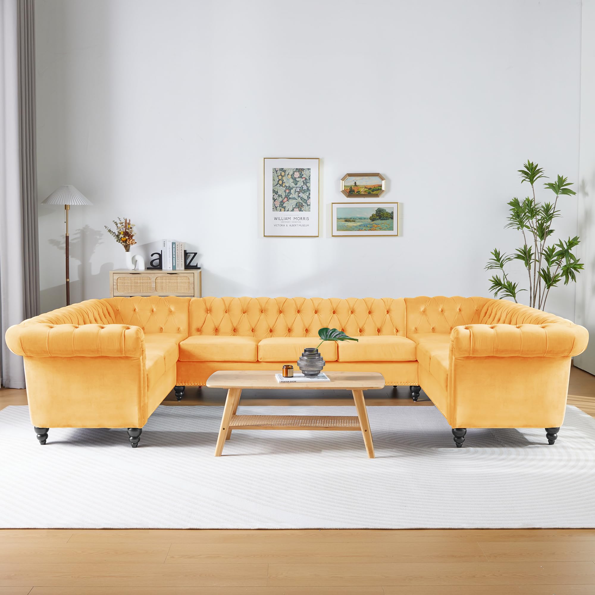 U Shaped Large Sectional Sofa, Chesterfield Leather Faux Couch Tufted Accent Sofa with Scroll Arms and Nailhead for Living Room, Office