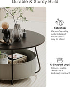 Manora Small Round Coffee Table for Living Room, Modern Center Table with Fabric Basket Storage, Cute Circle Table for Small Spaces, Metal Frame, Dark Brown and Black