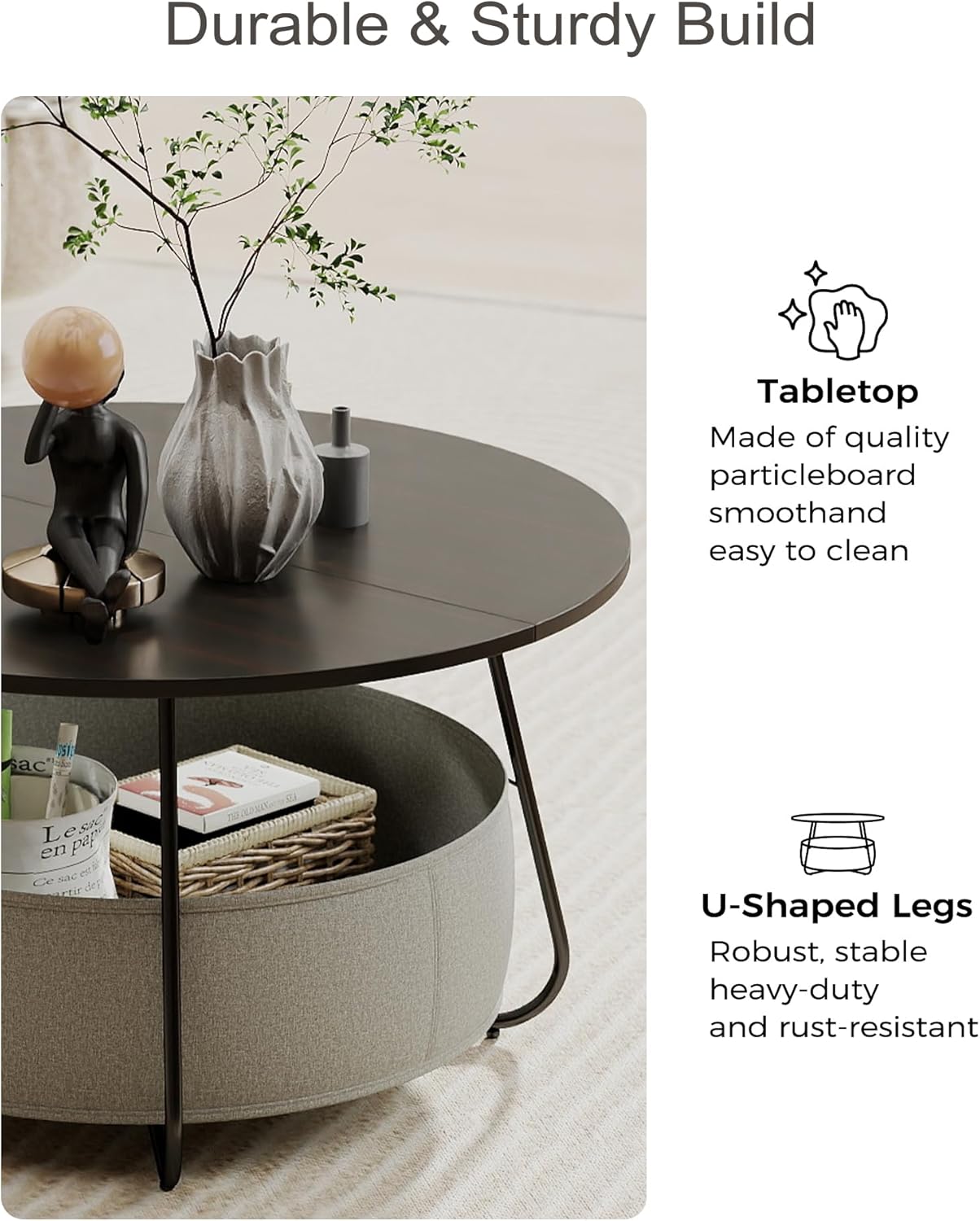 Manora Small Round Coffee Table for Living Room, Modern Center Table with Fabric Basket Storage, Cute Circle Table for Small Spaces, Metal Frame, Dark Brown and Black