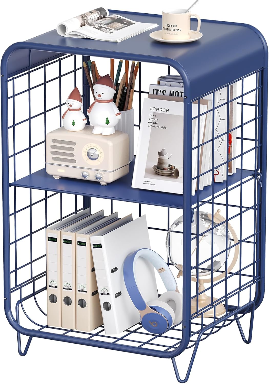 Metal Side Table,Cute Nightstand,3 Tier End Table with Storage,Vintage Bedside Table,Girls Bedroom Furniture,Accent Table,Small Coffee Table for Living Room,Bedroom,Dorm,Blue