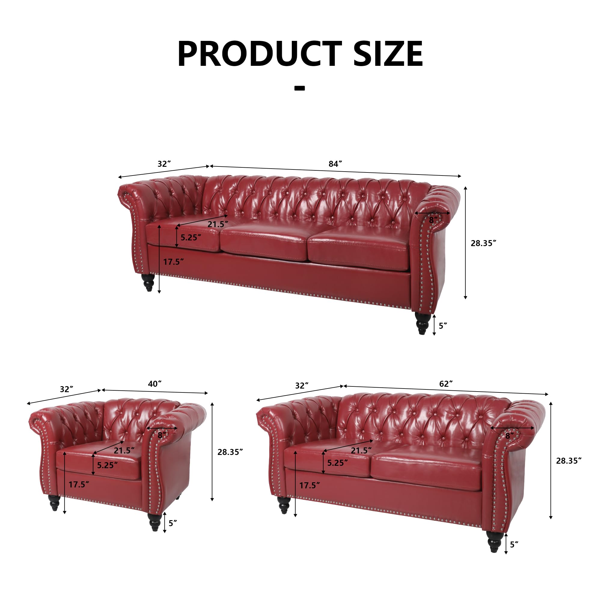 AVZEAR 3-Piece Living Room Sectional Sofa Set, Green Velvet Couch Upholstered Sofa Modern Sofa Couches Set Style Button Tufted, Velvet Chesterfield Sofa for Living Room Apartment, 1+2+3 Seat Green