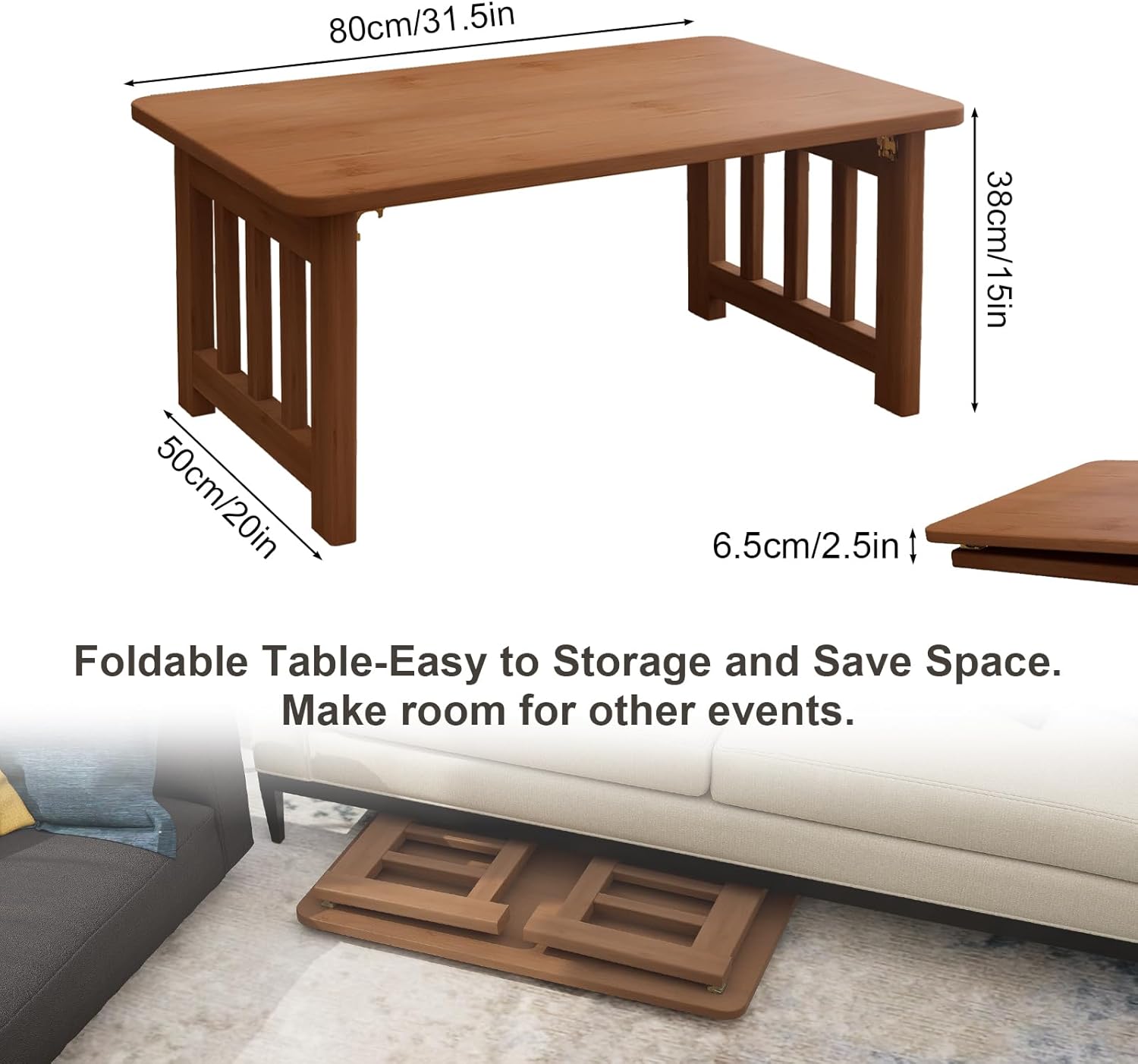 31.5" Folding Coffee Table for Small Spaces, Foldable Japanese Table, Low Table for Tatami - No Assembly, Natural Bamboo Wood Material, for Farmhouse, Living Room, Bedroom (Walnut)