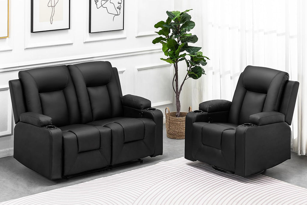 COMHOMA Recline Chair Set，Furniture 2PC Bonded Leather Recliner Set Living Room Set, Sofa, Loveseat（Black,Living Room Set3+2）