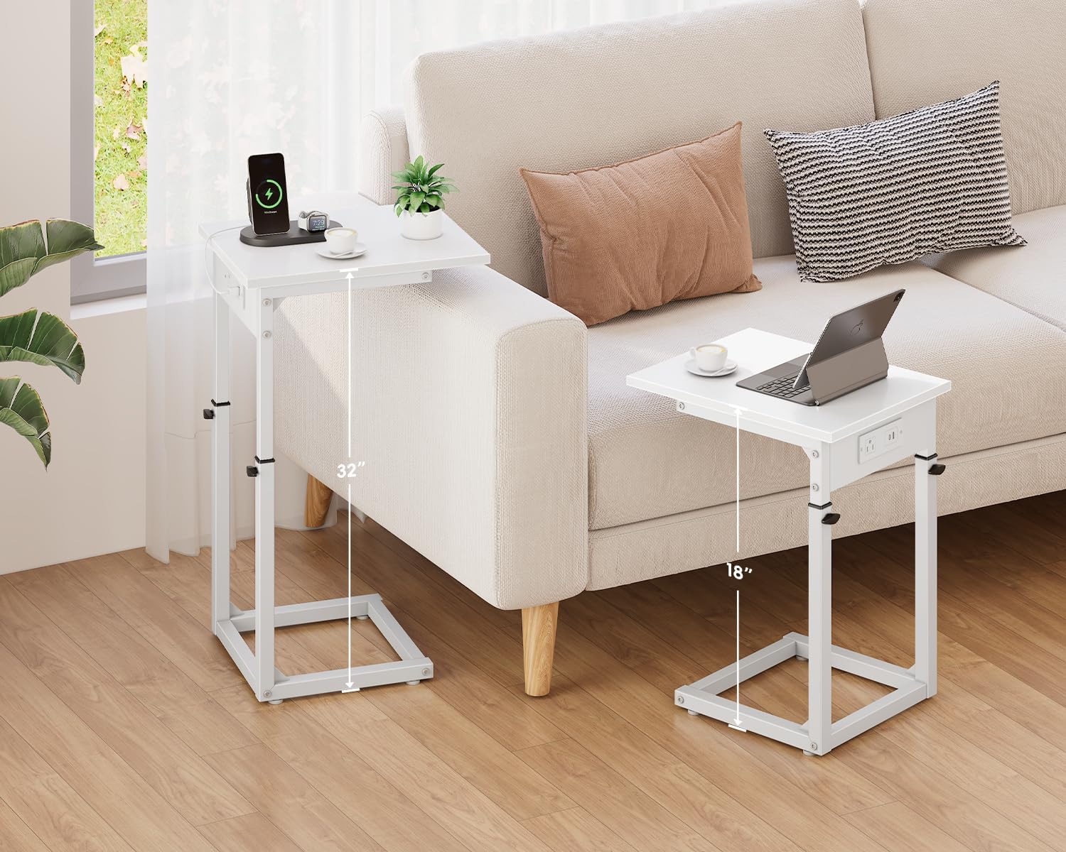 Vagusicc C Shaped End Table with Charging Station, 33" Tall Side Table for Couch, Sofa Table Adjustable Height Couch Side Table Coffee Table, Slide Under Sofa TV Tray C Table for Living Room, White