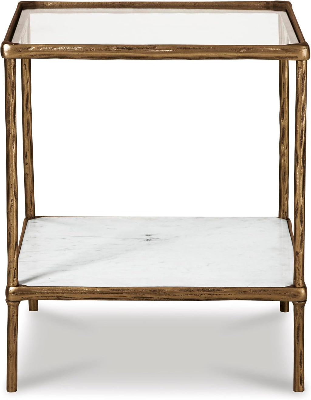 Signature Design by Ashley Ryandale | Contemporary Accent Table – Glass Top, Aluminum Frame & Marble Shelf, Antique Brass Finish