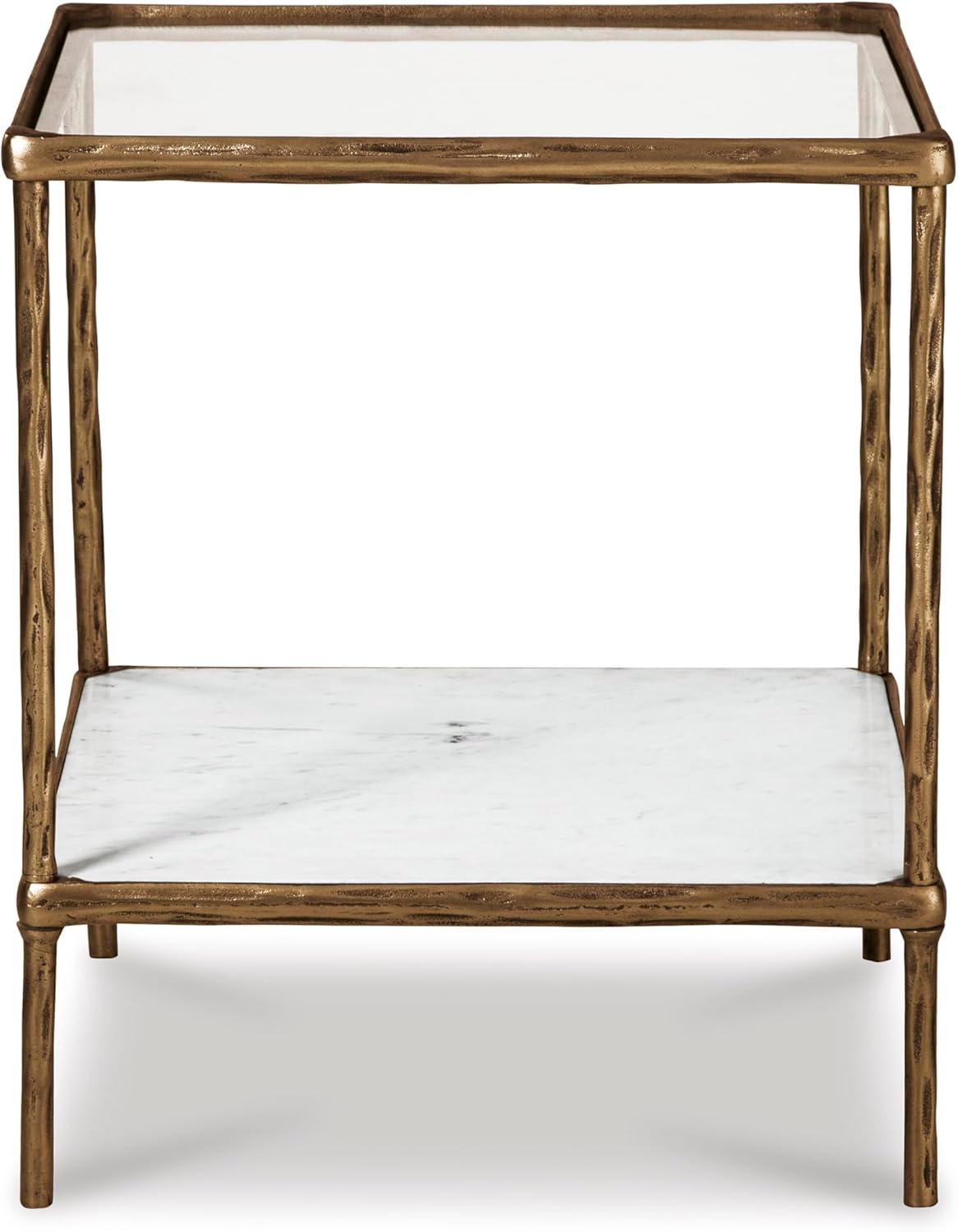 Signature Design by Ashley Ryandale | Contemporary Accent Table – Glass Top, Aluminum Frame & Marble Shelf, Antique Brass Finish