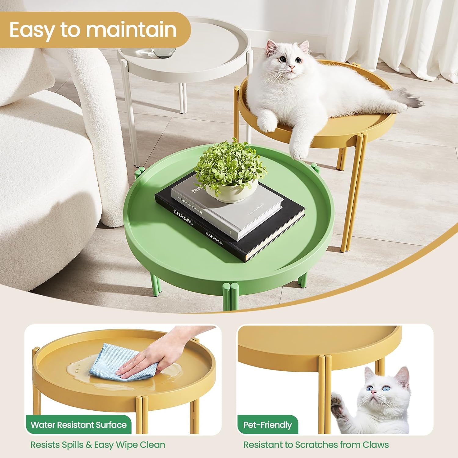 Stackable Nesting Plastic Coffee Table with Metal Legs, Outdoor End Table Set, Colorful Nightstands, Color Fun Living, Beding, Patio Table Sets, Quick Assembly, Set of 3, (Yellow, White, Green)