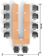10 Person Tables Training Meeting Seminar Classroom Model 5602 15pc Beech Folding Industrial Caster Z-Base. Tables Connect. Modesty Panel, Shelf, Power+USB Outlet. Fold+Nest (Seating Included).