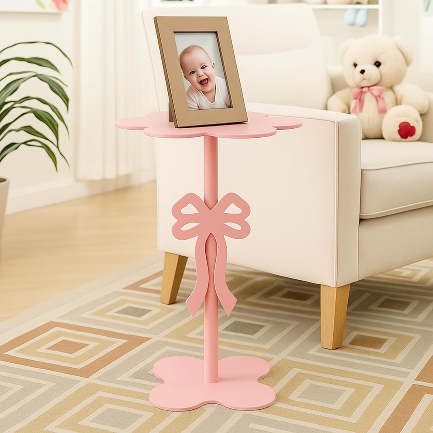 Pink Bow Side Table Small Wood End Table Coffee Coquettish Room Decor Pink Bedside Cocktail Drink Stand for Small Spaces Nightstand Bedroom Couch Chair