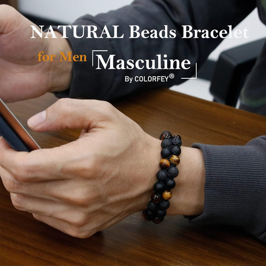 Triple Protection Bracelet for Men Women, Genuine Premium Tiger Eye Black Onyx and Lava Rock 8mm Handmade Bead Bracelet Healing Crystal Protection Bracelet Bring Luck and Prosperity and Happiness