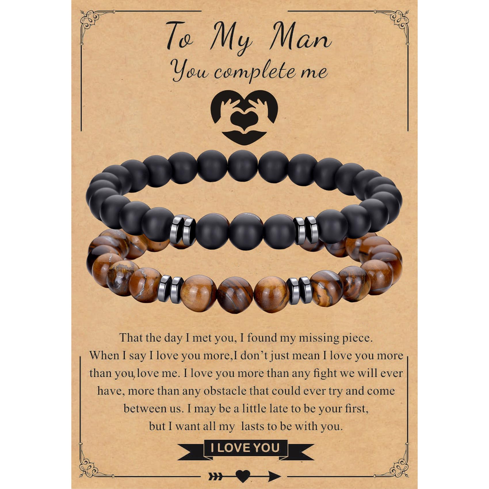 RANKEEF Tiger Eye Bracelet For Men 8MM Natural Stone Stretch Adjustable Black Crystal Beaded Bracelet for Men Women Gifts