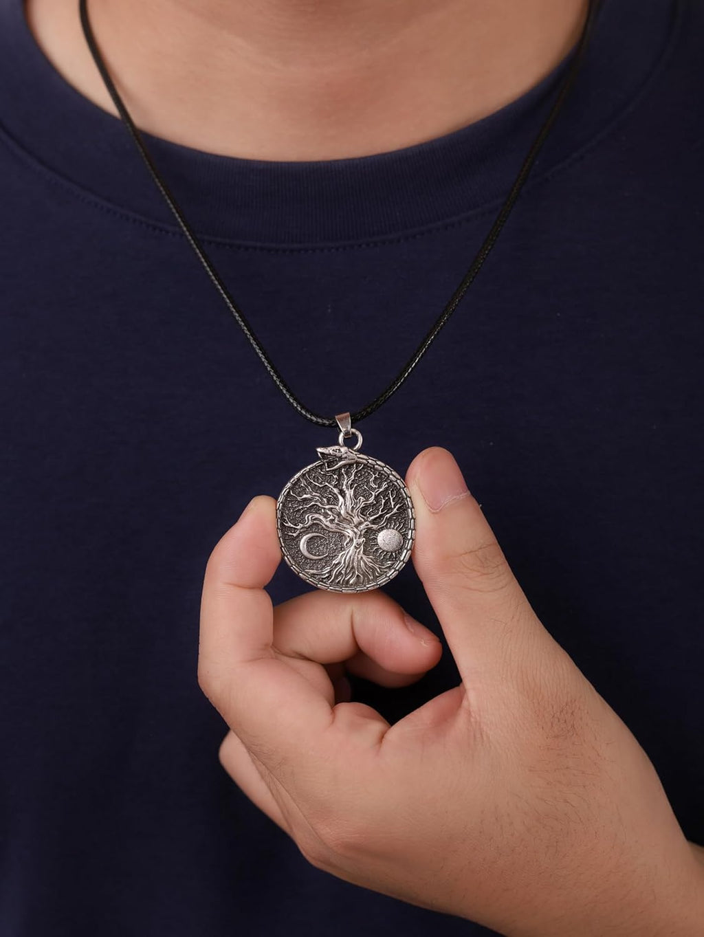 HAQUIL Viking Necklace, Sun Crescent Moon Yggdrasil Ouroboros Jormungandr Midgard Serpent Pendant, Faux Leather Cord, Viking Jewelry Gift