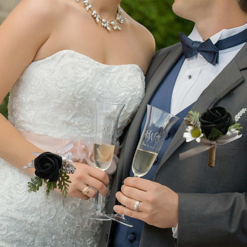 Corsage and Boutonniere Set Artificial Flower Wrist Corsage and Boutonniere for Men Groom Groomsmen Bride Bridesmaids,Wedding Prom Suit Decorations (1, Black)