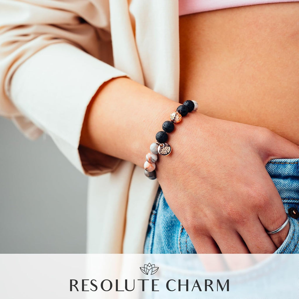 Lava Rock Beaded Diffuser Bracelet for Women with Lavender Essential Oil, 18K Gold-Plated Charm Soothing Crystal Beads Boho Stretch Bracelet for Aromatherapy, Birthday and Valentine’s Day Gift for Her