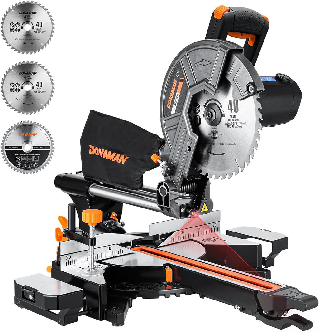 DOVAMAN Updated 10-Inch Sliding Miter Saw, Multi-Material Cutting w/ 3 x TCT Blades, Ambidextrous Operation, 5000/3200RPM Speed, Laser Guide, 0-45° Bevel Cut, Max Cut 3.5x13.4in, 9 Positive Stops