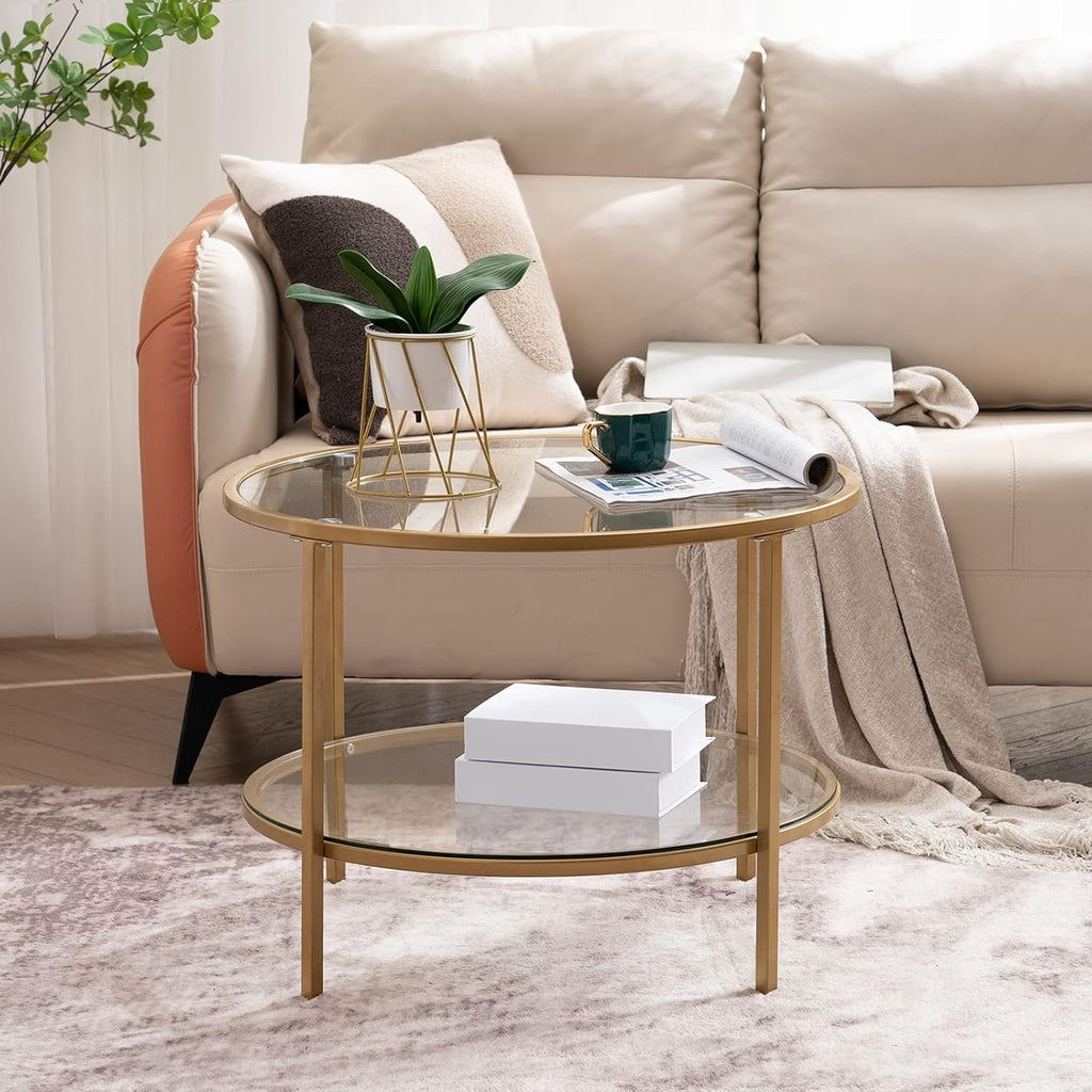 VINGLI 25.6" Round Gold Coffee Tables for Living Room, 2-Tier Glass Top Coffee Table with Storage Clear Coffee, Simple & Modern Center Table for Small Space