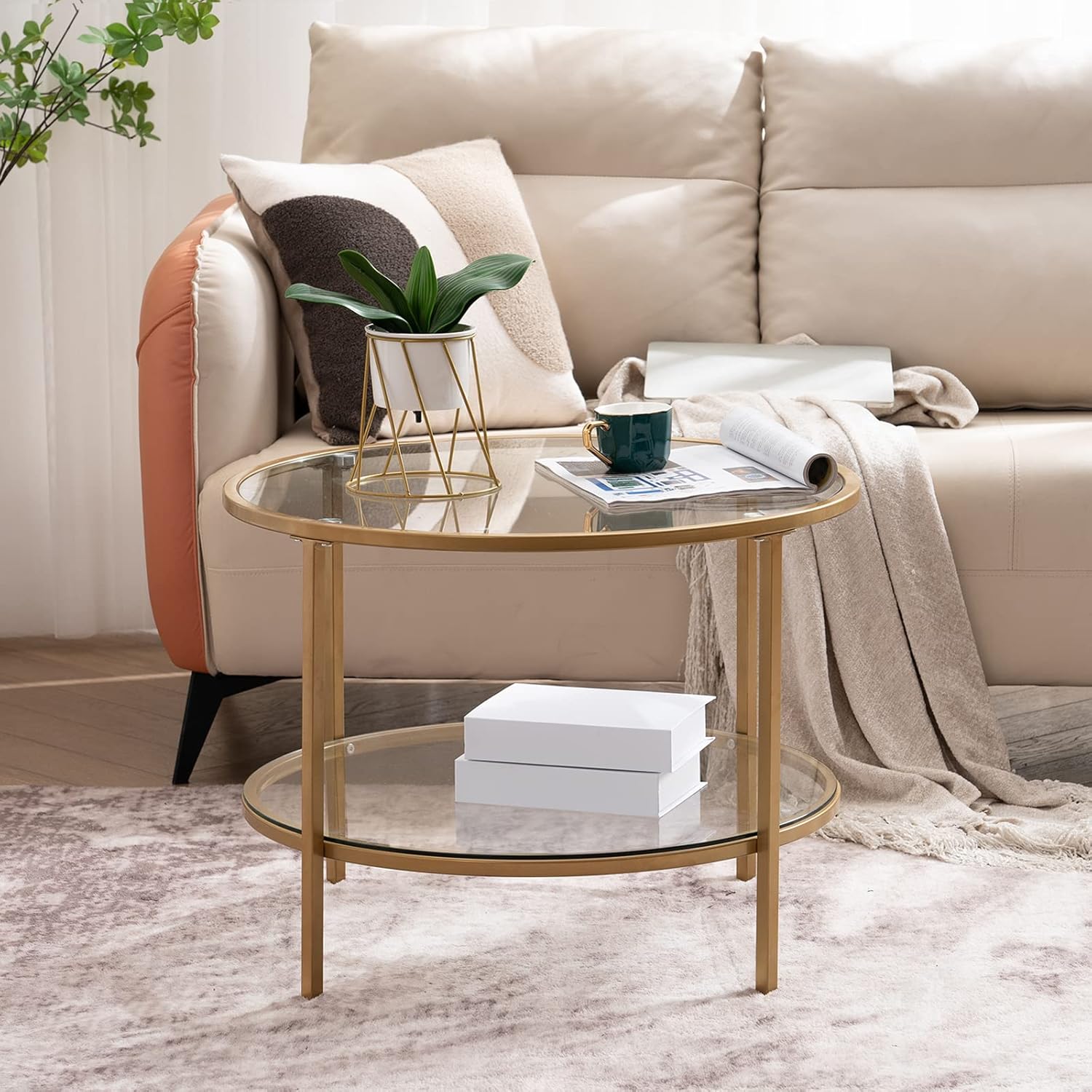 VINGLI 25.6" Round Gold Coffee Tables for Living Room, 2-Tier Glass Top Coffee Table with Storage Clear Coffee, Simple & Modern Center Table for Small Space