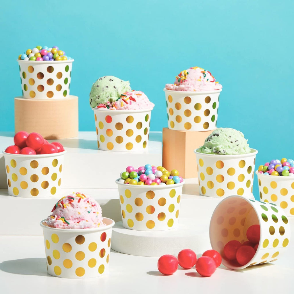 Juvale 100 Stück Papier-Eisbecher, 8 oz Einweg-Dessertschalen für Frozen Yogurt, Sundae-Bar, Party-Snacks und Leckereien, Goldfolie mit Polka-Dot-Design