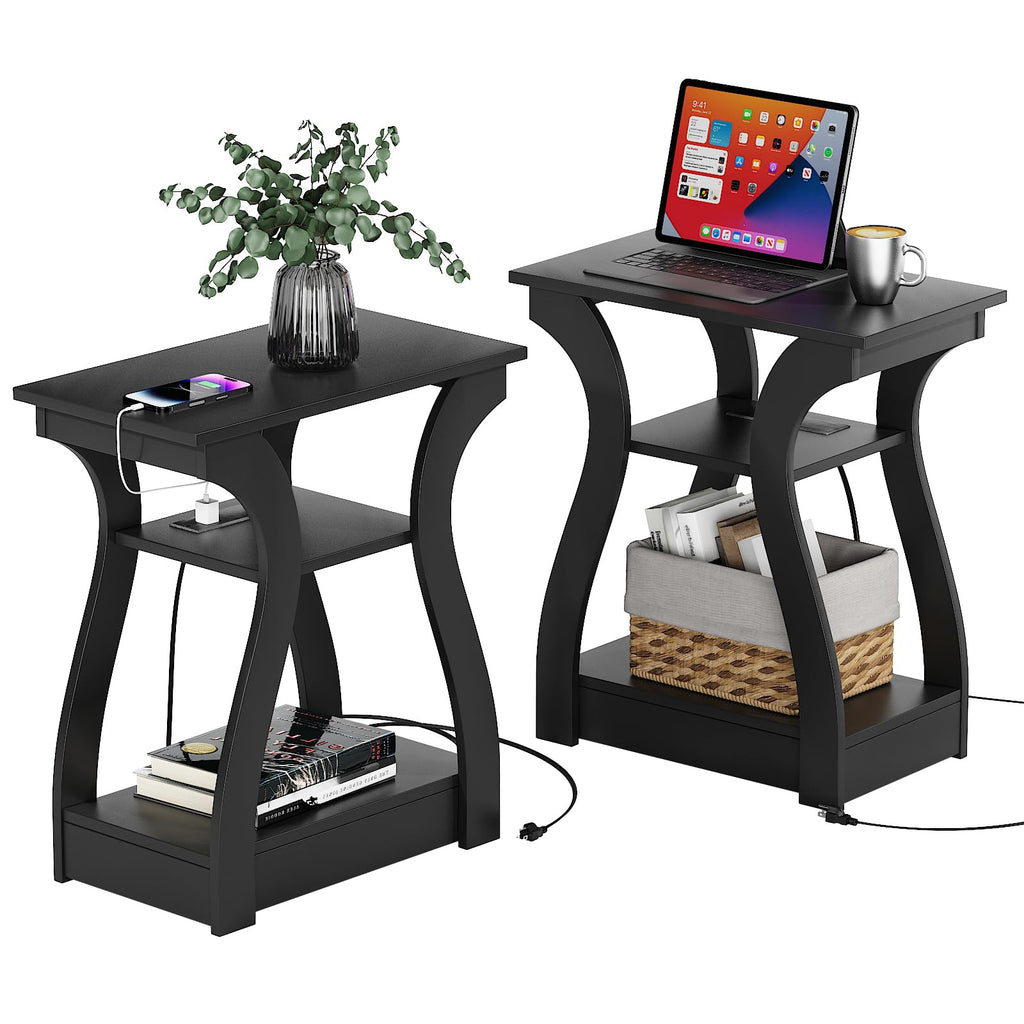 End Tables Living Room, White End Table with Charging Station,White Side Table, Nightstand for Bedroom, 3 Tier End Table with Storage Shelf for Living Room