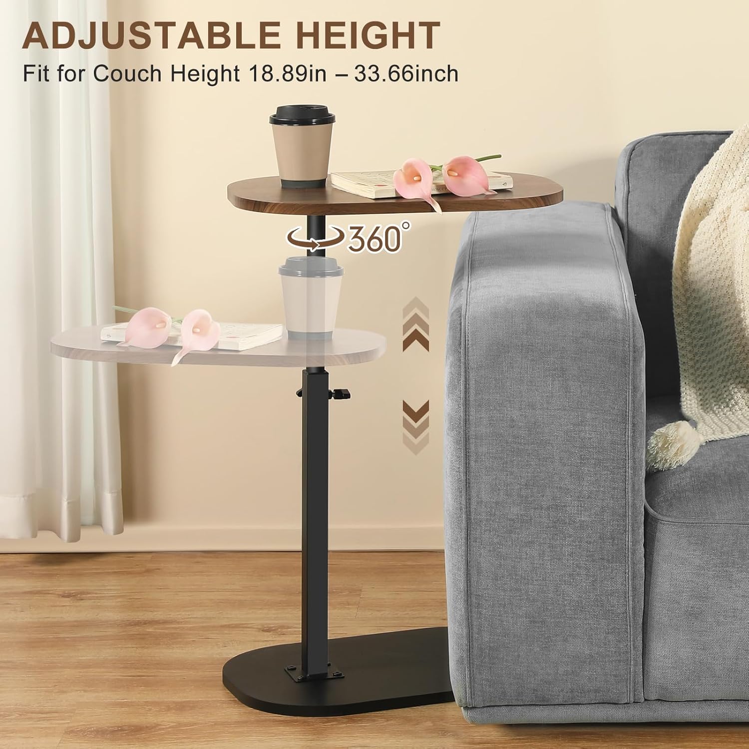 360° Swivel Top C Table for Small Place, Adiustable Height Couch Side Tables That Slide Under SofaModern C Shaped Side Table for Sofa Armrest Tv Tray, Suitable for Coffee, Snack, Drink
