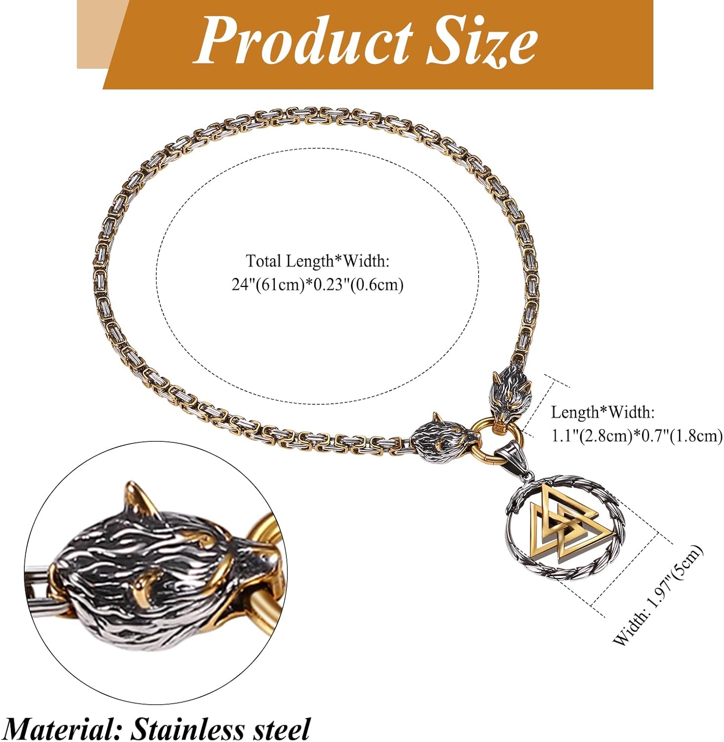 OIDEA Viking Thor's Hammer Necklace for Men: Vintage Viking Helm of Awe Mjolnir Pendant with Wolf Head Byzantine Chain Amulet Jewelry Gift for Men Women 24in Chain