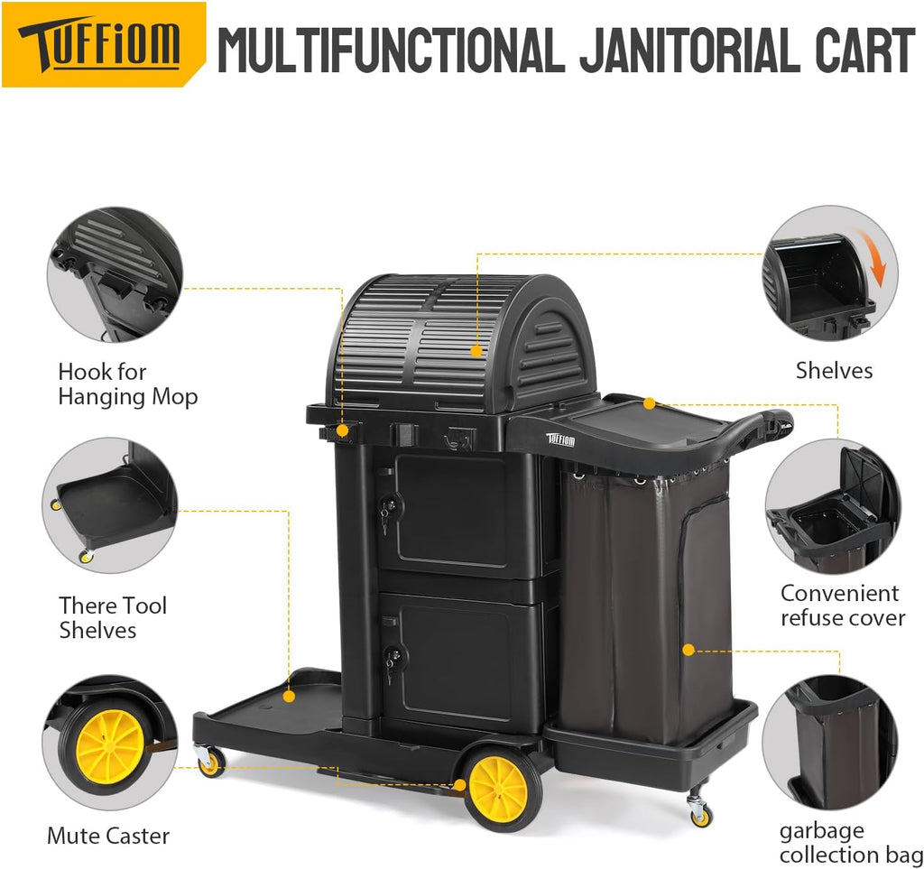 TUFFIOM Janitorial Cart with Key-Locking Cabinet, 3-Shelf Commercial Cleaning Cart with Wheels, Housekeeping Caddy with Locker, Black, Great for Hotel, Stores, Schools, and Business