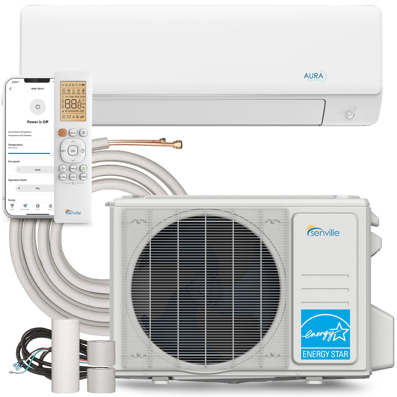 Senville AURA Series Mini Split Air Conditioner Inverter Heat Pump, 24000 BTU, Works with Alexa, Energy Star, White