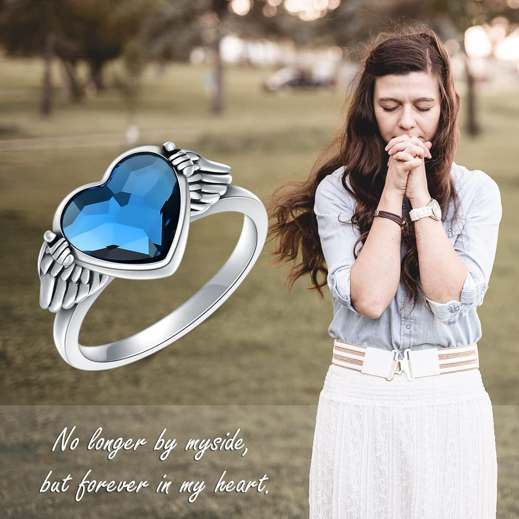 Urn Ring for Ashes 925 Sterling Silver Hold You in My Heart Angel Wings with Blue Crystal Heart Cremation Memorial Keepsake Jewelry Size 6-10