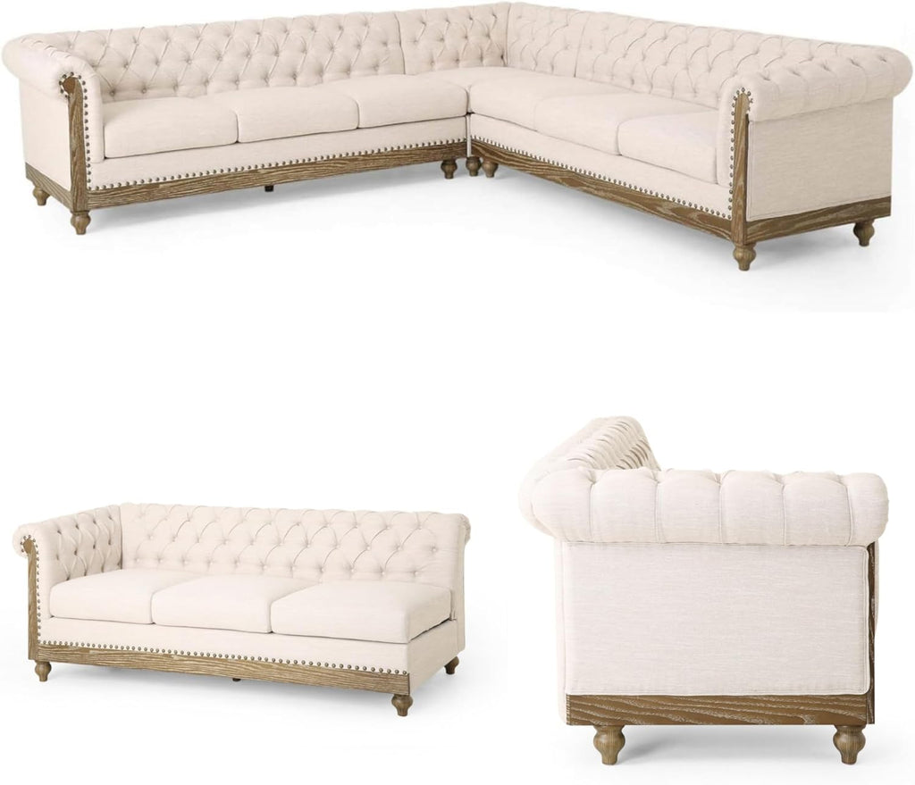 Merax Chesterfield Sofa, Retro Upholstered 6 Seater Rolled Arm Couch for Living Room Bedroom Office, Beige