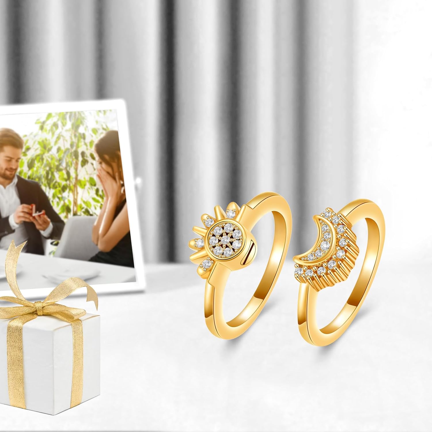 Cremation Jewelry for Ashes Rings - Celestial Sun and Moon Ring Set,Sparkling Sun Ring/Blue Moon Ring/Silver Plating,Friendship Promise Ring,Stackable Celestial Rings,Gift for Women/Girls