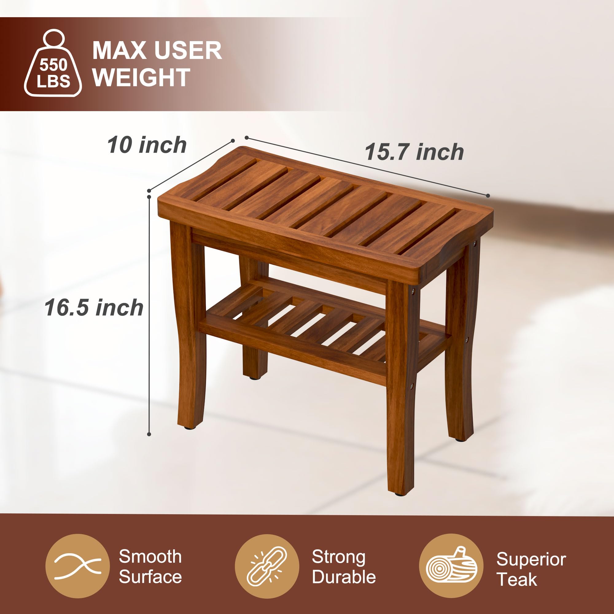 Teak Shower Bench Stool with Storage Shelf, Waterproof Shower Chair Spa Bath Seat, Shower Stool for Inside Shower, Bathroom Bench Seat for Adults Elderly Seniors for Indoor or Outdoor Use